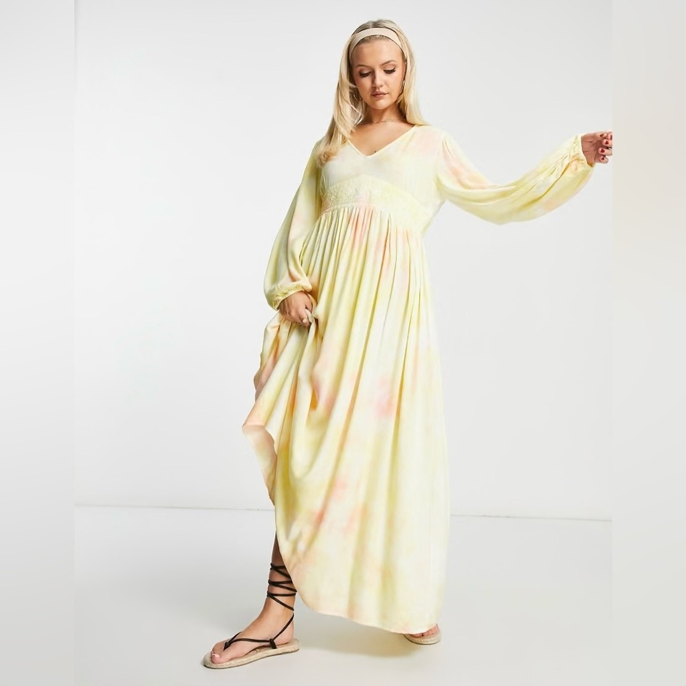 NWT RAGA Sunsets by the Beach Yellow Pink Tie Dye Maxi Dress Sz M Summer Party